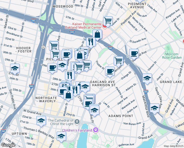 map of restaurants, bars, coffee shops, grocery stores, and more near 235 30th Street in Oakland