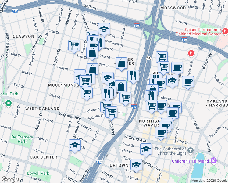 map of restaurants, bars, coffee shops, grocery stores, and more near 2212 West Street in Oakland