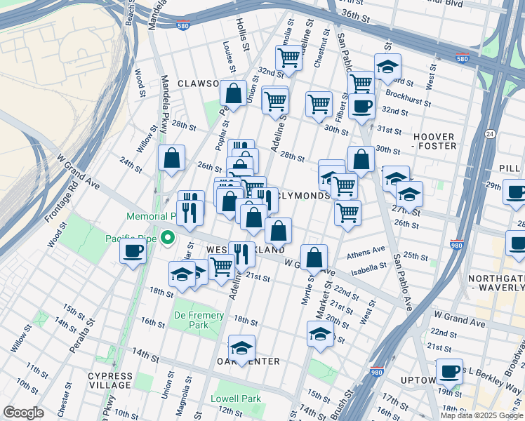 map of restaurants, bars, coffee shops, grocery stores, and more near 2400 Adeline Street in Oakland