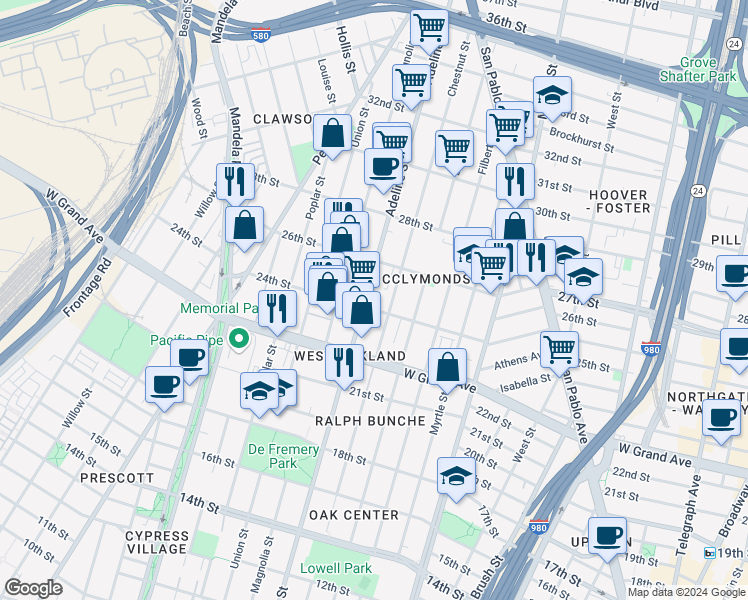 map of restaurants, bars, coffee shops, grocery stores, and more near 2400 Adeline Street in Oakland