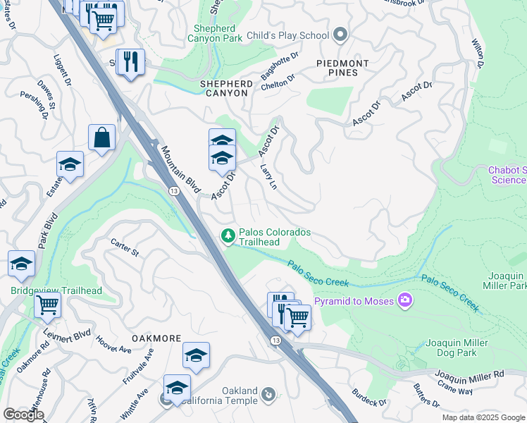 map of restaurants, bars, coffee shops, grocery stores, and more near 2725 Mountaingate Way in Oakland