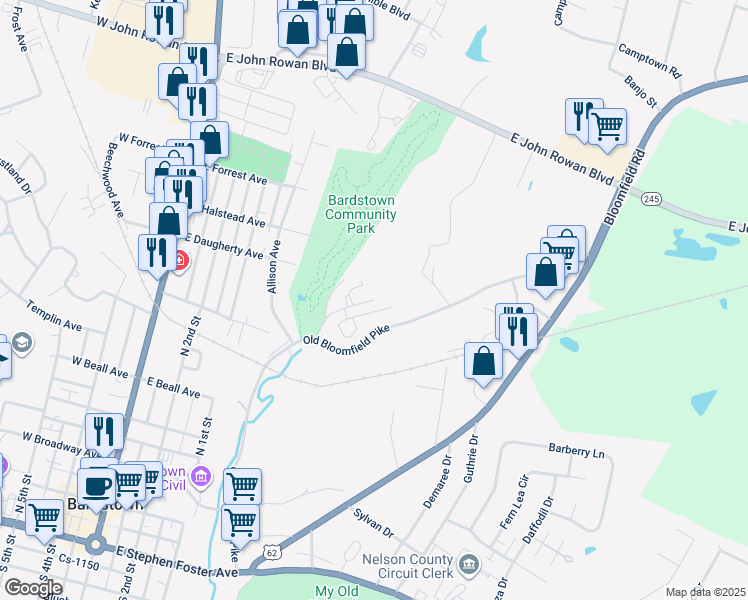 map of restaurants, bars, coffee shops, grocery stores, and more near 198 Life Care Way in Bardstown