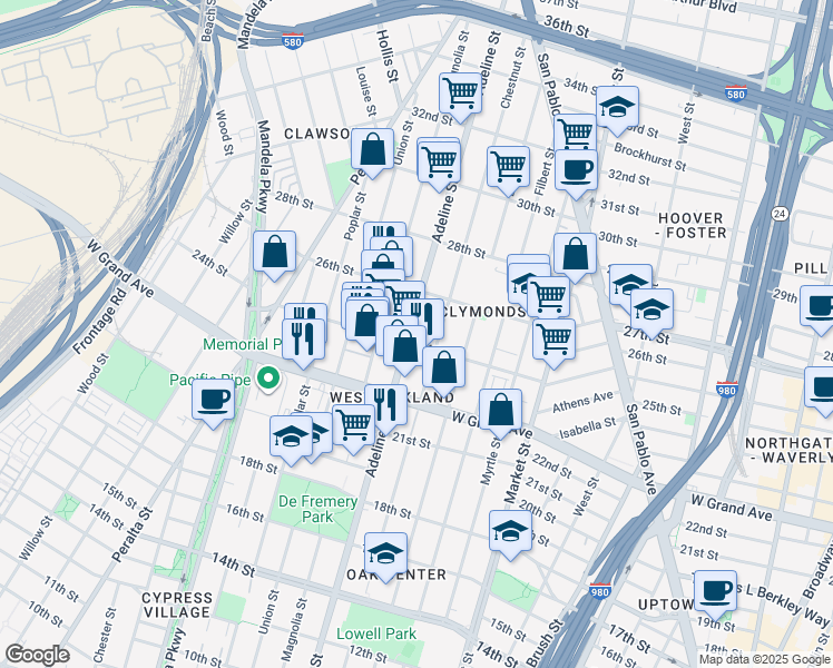 map of restaurants, bars, coffee shops, grocery stores, and more near 2400 Adeline Street in Oakland