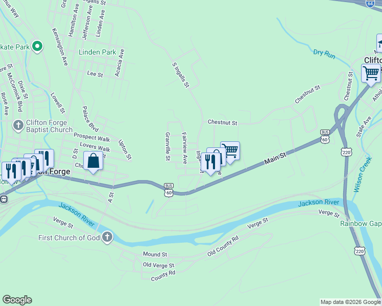 map of restaurants, bars, coffee shops, grocery stores, and more near South Ingalls Street in Clifton Forge