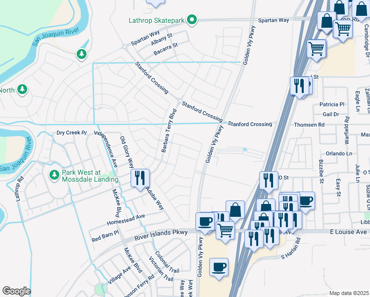 map of restaurants, bars, coffee shops, grocery stores, and more near 15900 Barbara Terry Boulevard in Lathrop