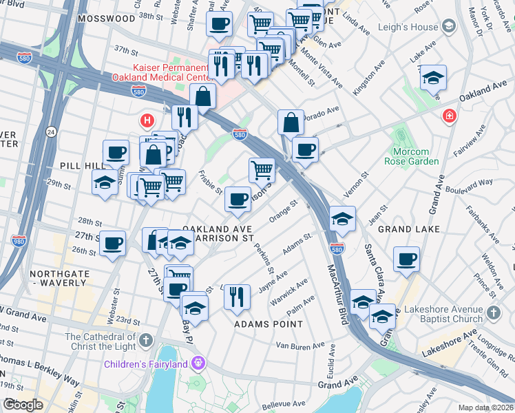 map of restaurants, bars, coffee shops, grocery stores, and more near 3210 Harrison Street in Oakland