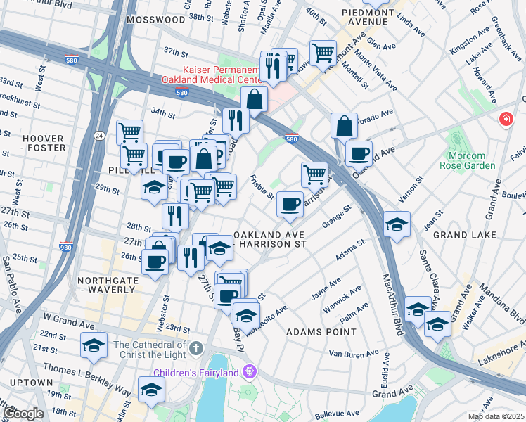 map of restaurants, bars, coffee shops, grocery stores, and more near Fairmount Ave & Garland Ave in Oakland