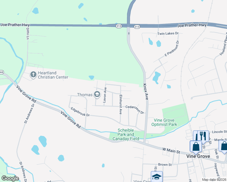 map of restaurants, bars, coffee shops, grocery stores, and more near 808 Charlene Drive in Vine Grove