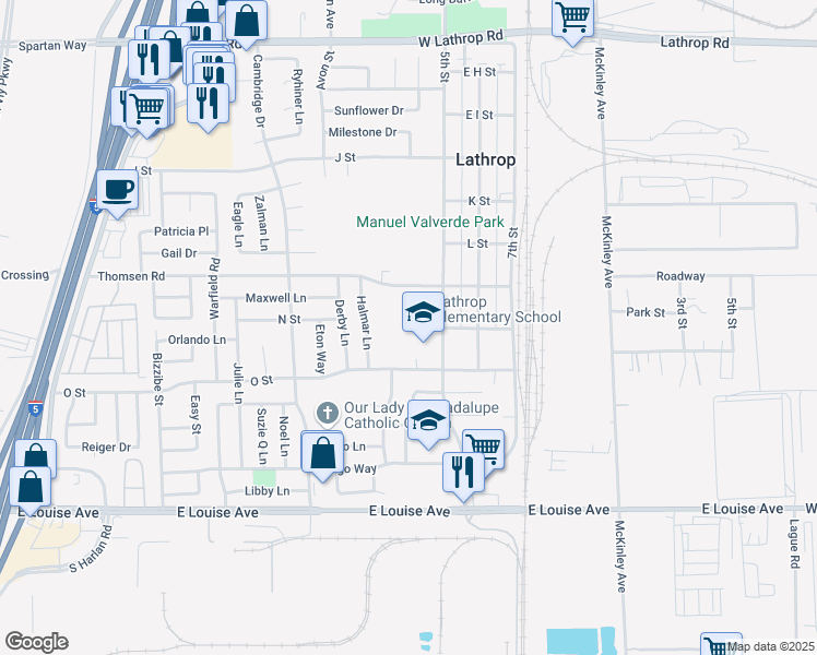 map of restaurants, bars, coffee shops, grocery stores, and more near 15851 5th Street in Lathrop