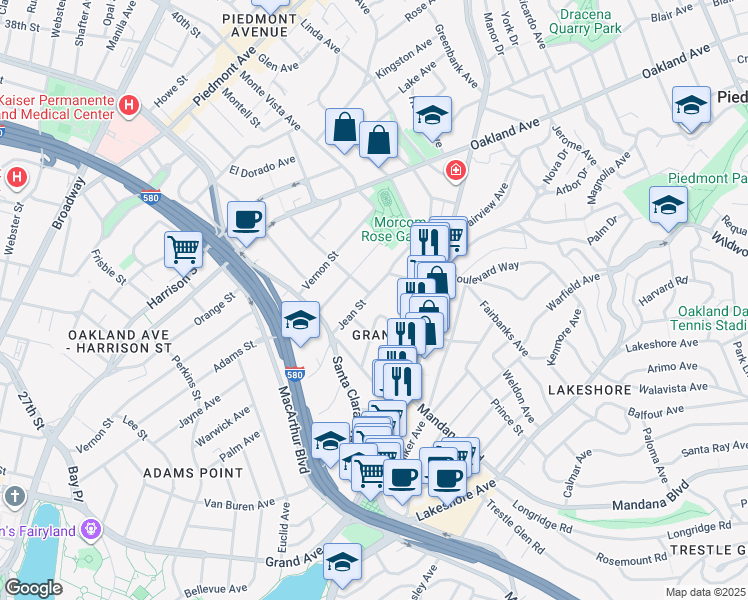 map of restaurants, bars, coffee shops, grocery stores, and more near 624 Jean Street in Oakland