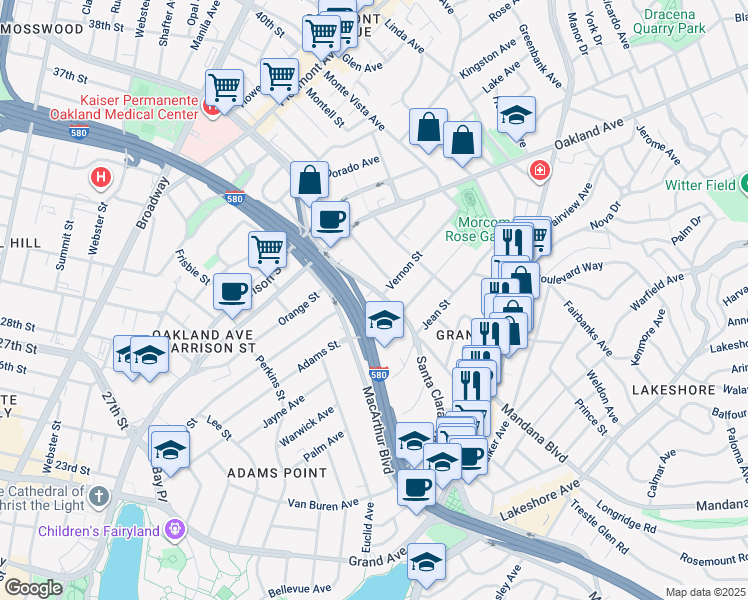 map of restaurants, bars, coffee shops, grocery stores, and more near 196 Santa Clara Avenue in Oakland