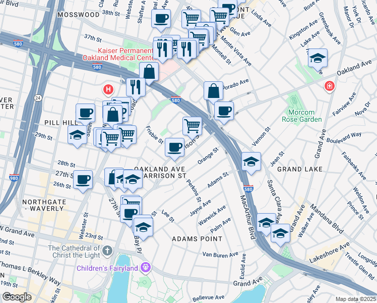map of restaurants, bars, coffee shops, grocery stores, and more near 3210 Harrison Street in Oakland