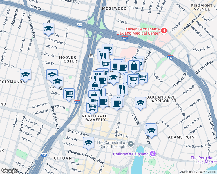 map of restaurants, bars, coffee shops, grocery stores, and more near 2903 McClure Street in Oakland