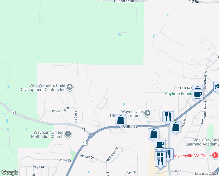 map of restaurants, bars, coffee shops, grocery stores, and more near 234 Settlers Pass in Waynesville