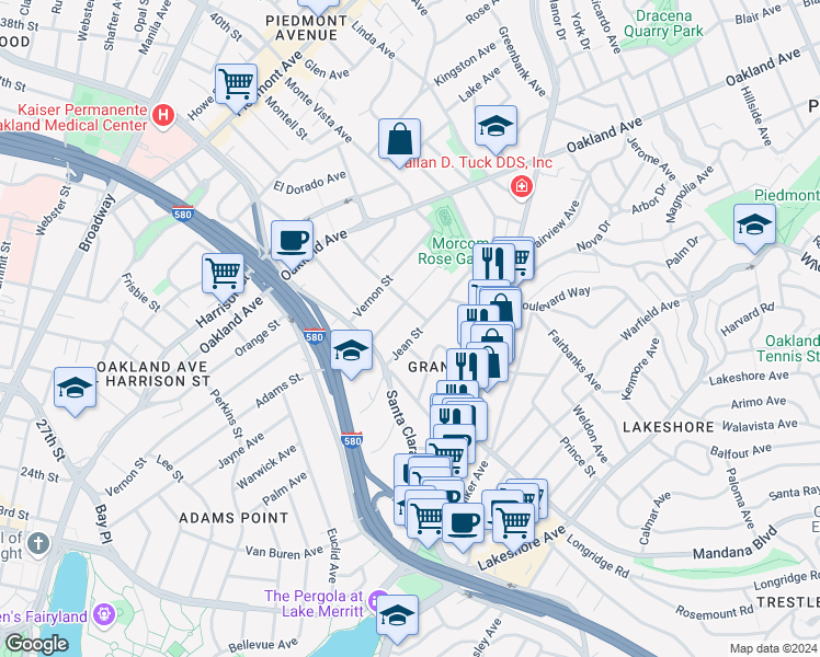 map of restaurants, bars, coffee shops, grocery stores, and more near 249 Santa Rosa Avenue in Oakland