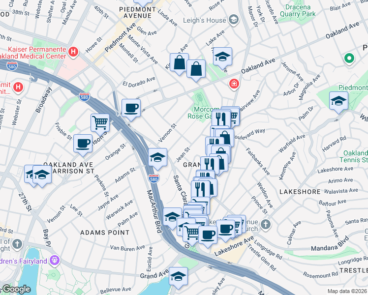 map of restaurants, bars, coffee shops, grocery stores, and more near 555 Jean Street in Oakland