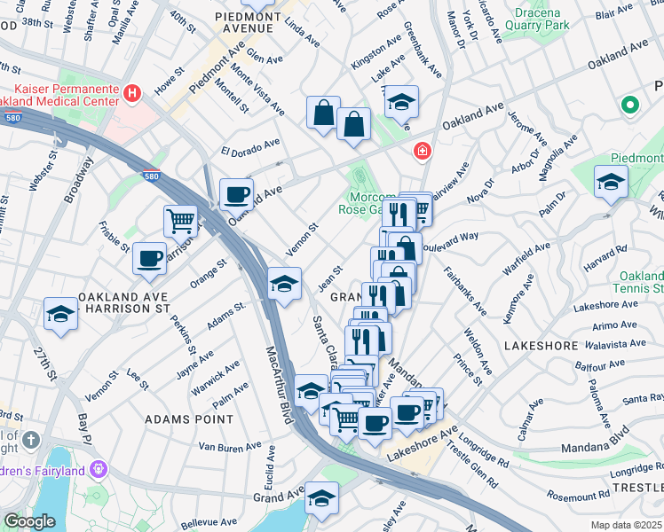map of restaurants, bars, coffee shops, grocery stores, and more near 249 Santa Rosa Avenue in Oakland