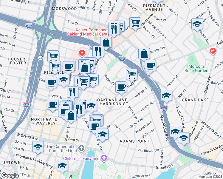 map of restaurants, bars, coffee shops, grocery stores, and more near in Oakland