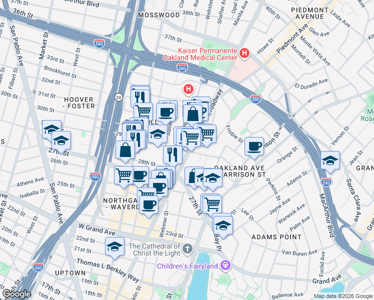 map of restaurants, bars, coffee shops, grocery stores, and more near 2928 Webster Street in Oakland