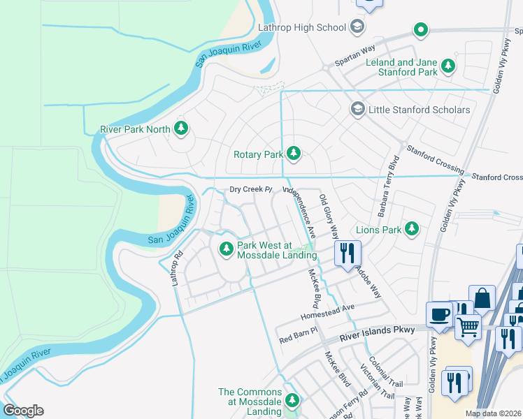 map of restaurants, bars, coffee shops, grocery stores, and more near 15814 Covered Bridge Way in Lathrop