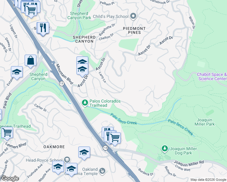 map of restaurants, bars, coffee shops, grocery stores, and more near 80 Larry Lane in Oakland