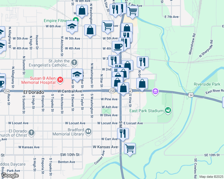 map of restaurants, bars, coffee shops, grocery stores, and more near 124 West Central Avenue in El Dorado