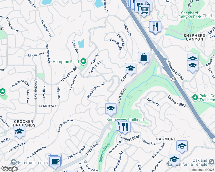 map of restaurants, bars, coffee shops, grocery stores, and more near 54 Inverleith Terrace in Piedmont