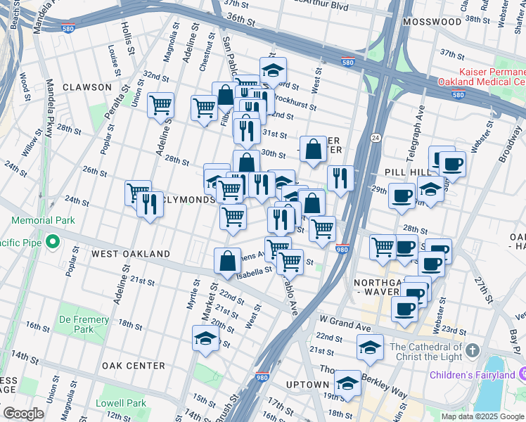 map of restaurants, bars, coffee shops, grocery stores, and more near 2710 San Pablo Avenue in Oakland