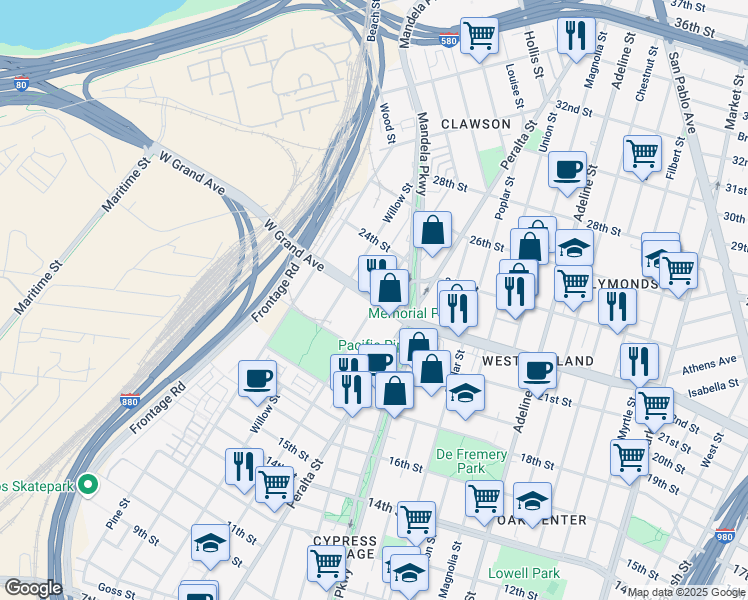 map of restaurants, bars, coffee shops, grocery stores, and more near 1655 West Grand Avenue in Oakland
