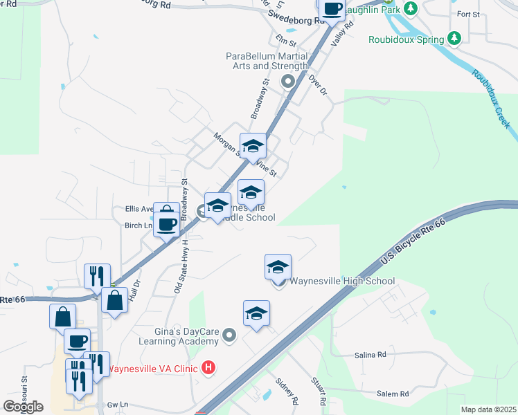 map of restaurants, bars, coffee shops, grocery stores, and more near 810 Roosevelt Street in Waynesville