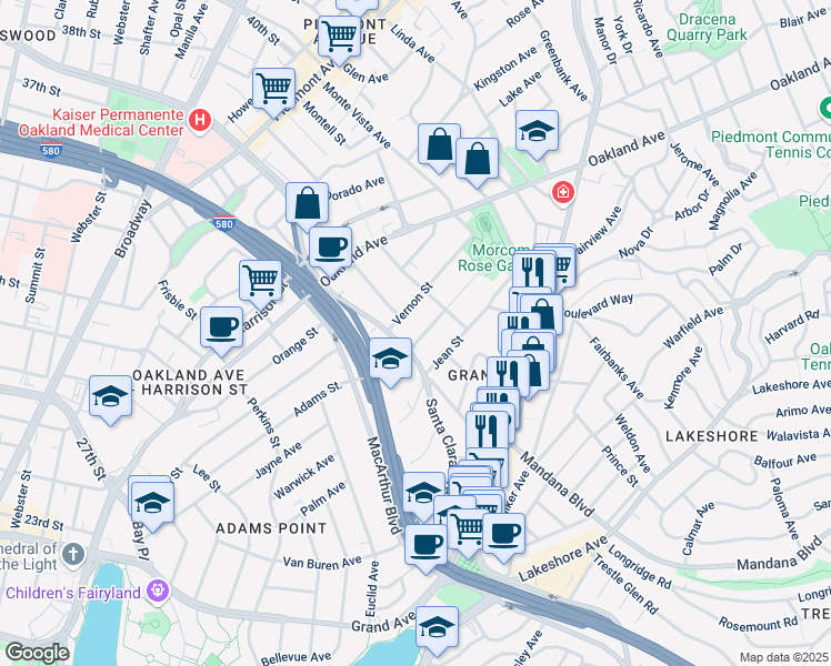 map of restaurants, bars, coffee shops, grocery stores, and more near 554 Vernon Street in Oakland