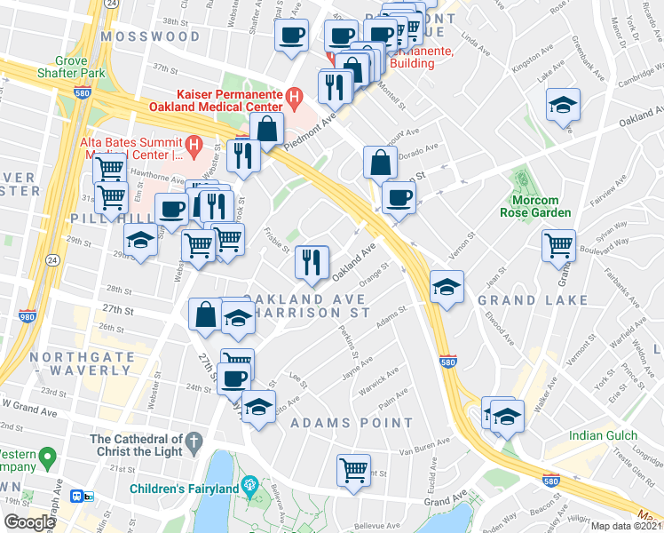 map of restaurants, bars, coffee shops, grocery stores, and more near 3210 Harrison Street in Oakland