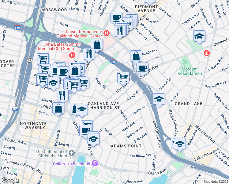 map of restaurants, bars, coffee shops, grocery stores, and more near in Oakland