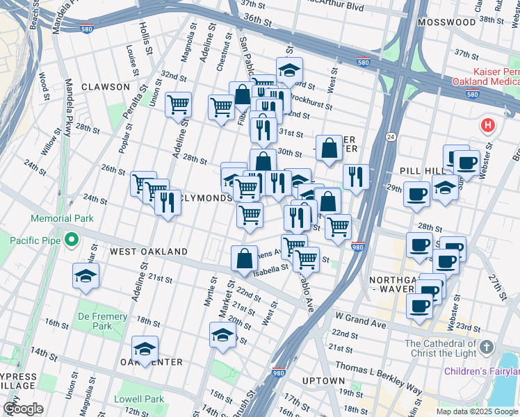 map of restaurants, bars, coffee shops, grocery stores, and more near 880 27th Street in Oakland