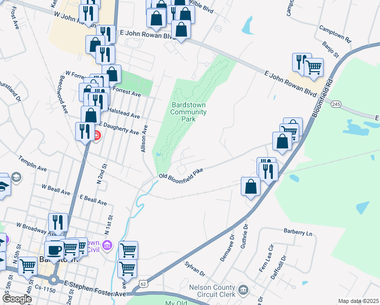 map of restaurants, bars, coffee shops, grocery stores, and more near 198 Life Care Way in Bardstown