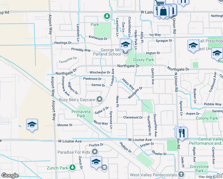 map of restaurants, bars, coffee shops, grocery stores, and more near 1370 London Avenue in Manteca