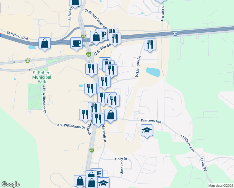 map of restaurants, bars, coffee shops, grocery stores, and more near 108 Liberty Parkway in Saint Robert