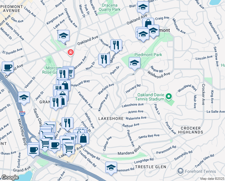 map of restaurants, bars, coffee shops, grocery stores, and more near 1128 Warfield Avenue in Piedmont