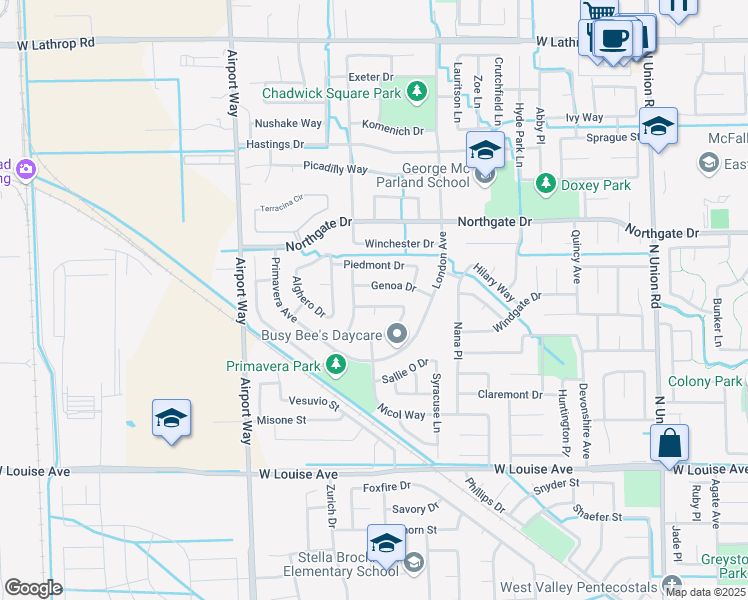 map of restaurants, bars, coffee shops, grocery stores, and more near 1803 Garibaldi Drive in Manteca