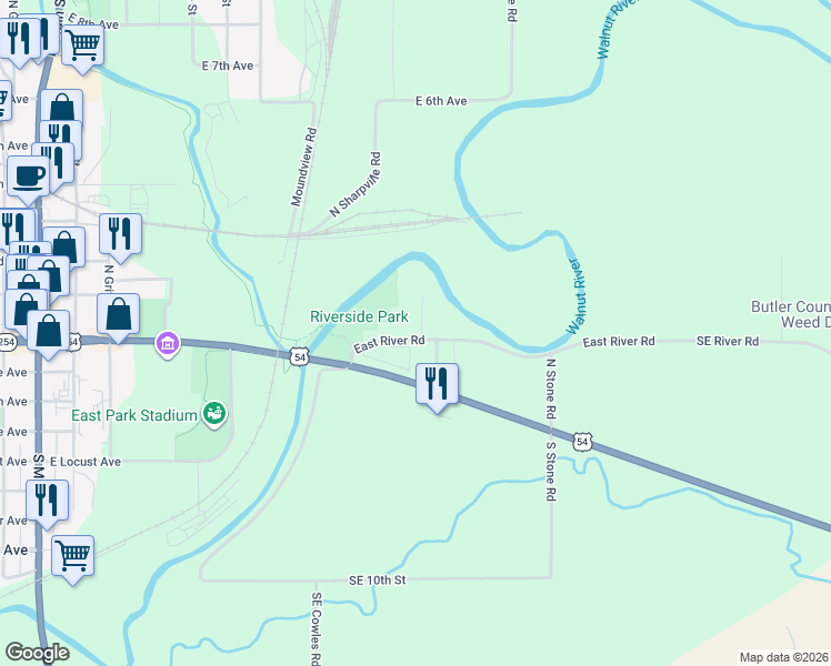 map of restaurants, bars, coffee shops, grocery stores, and more near 1018 Southeast River Road in El Dorado