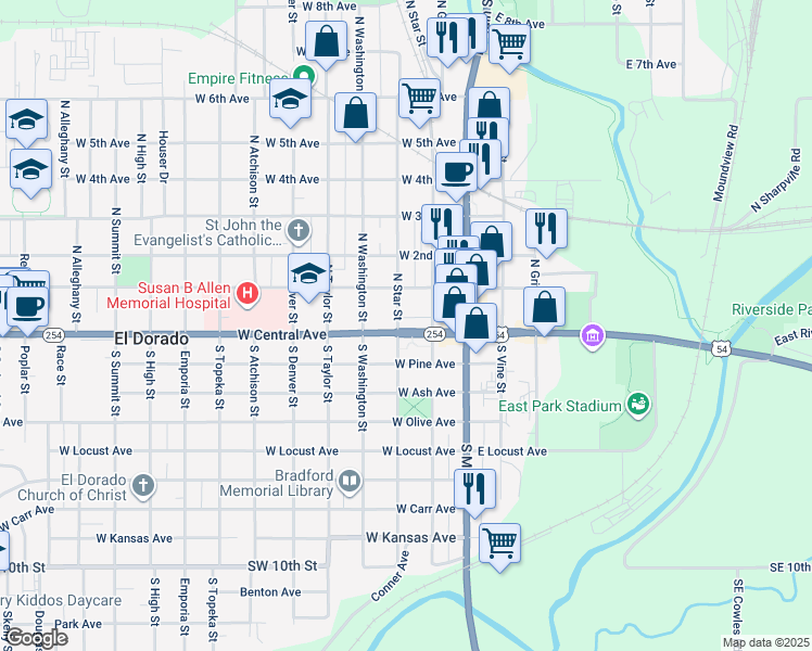 map of restaurants, bars, coffee shops, grocery stores, and more near 116 North Star Street in El Dorado