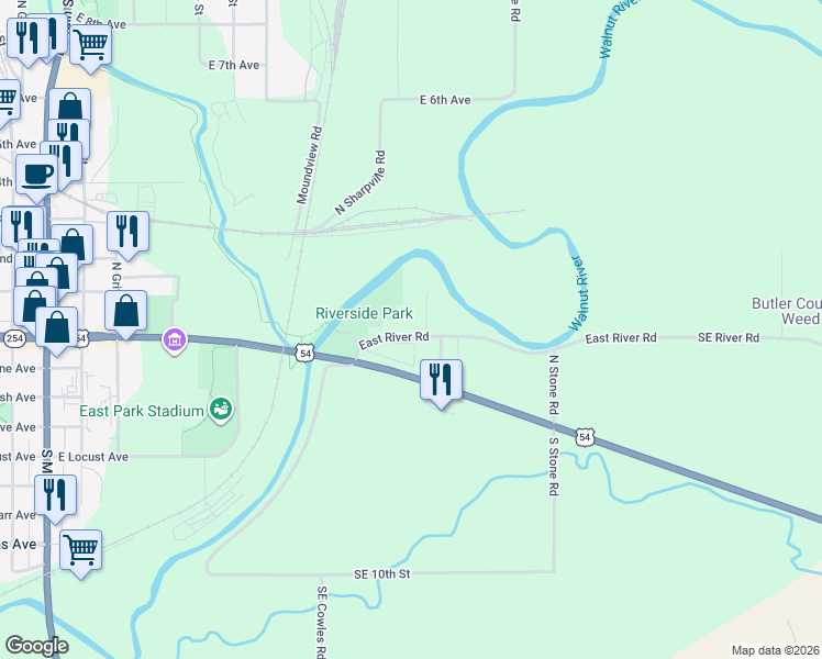 map of restaurants, bars, coffee shops, grocery stores, and more near 1018 Southeast River Road in El Dorado