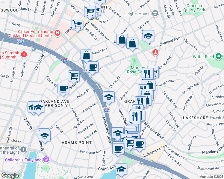 map of restaurants, bars, coffee shops, grocery stores, and more near 500 Vernon Street in Oakland