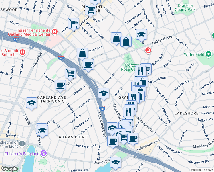 map of restaurants, bars, coffee shops, grocery stores, and more near 500 Vernon Street in Oakland
