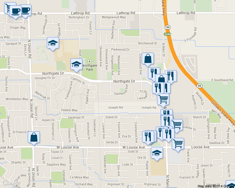 map of restaurants, bars, coffee shops, grocery stores, and more near 511 Eastwood Avenue in Manteca