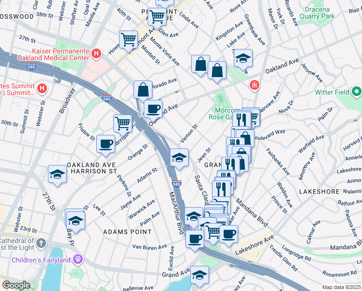 map of restaurants, bars, coffee shops, grocery stores, and more near 554 Vernon Street in Oakland
