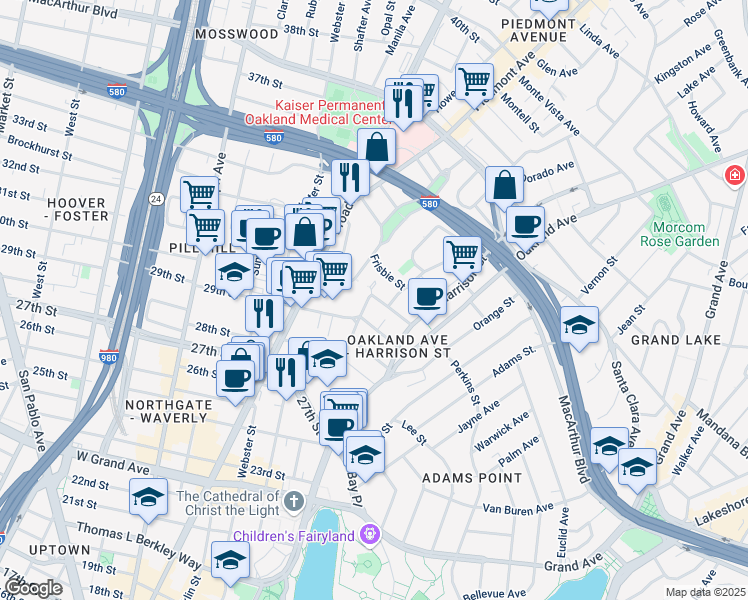 map of restaurants, bars, coffee shops, grocery stores, and more near in Oakland
