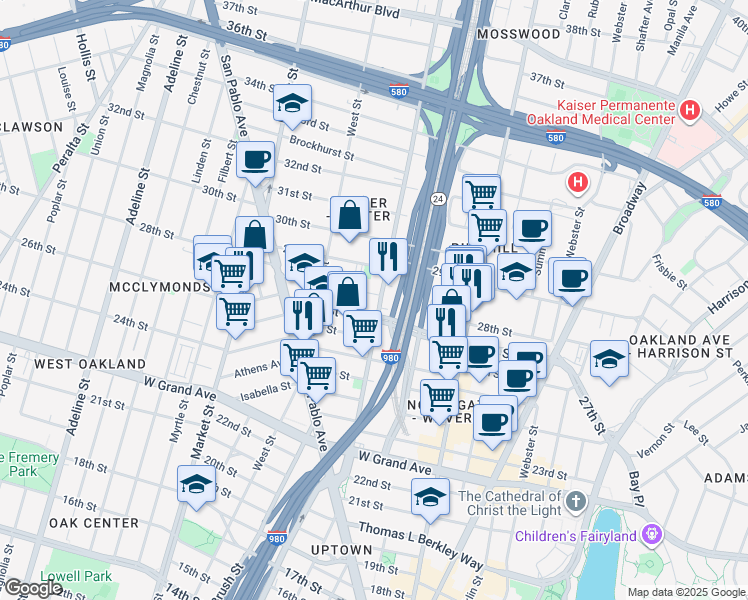 map of restaurants, bars, coffee shops, grocery stores, and more near 683 28th Street in Oakland