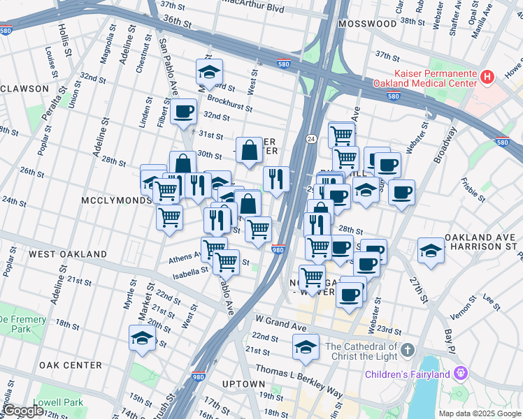 map of restaurants, bars, coffee shops, grocery stores, and more near 683 28th Street in Oakland