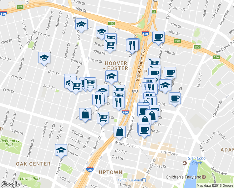 map of restaurants, bars, coffee shops, grocery stores, and more near 683 28th Street in Oakland